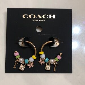 Coach Gold Tone Hoop Earrings Colorful Beads, Padlock, Key & Butterfly Charm NWT